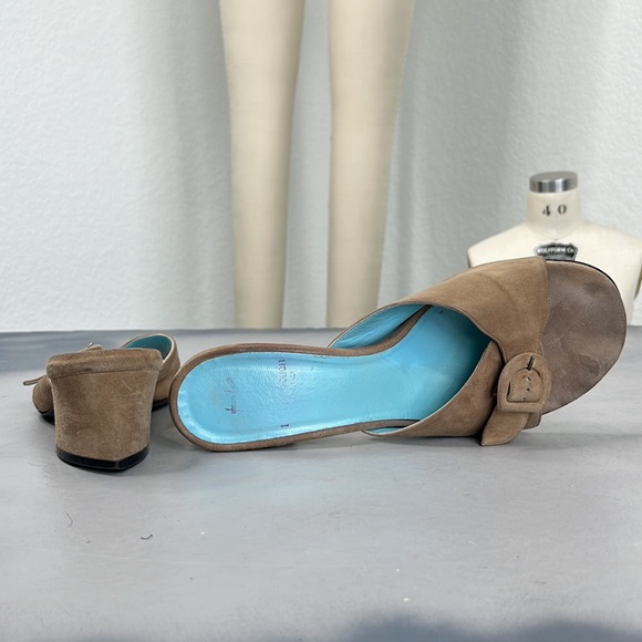 Thierry Rabotin Suede Slide Buckle Trianbgle Block Heels Sildes Mules - Picture 2 of 10